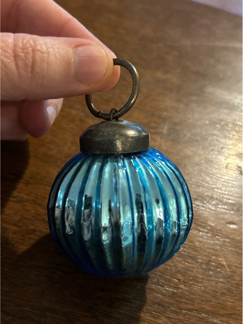 Vintage Blue Ribbed Glass Christmas Ornament